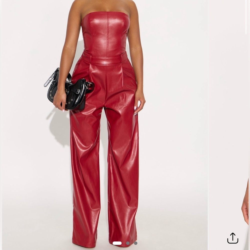 Red Strapless Faux Leather Jumpsuit